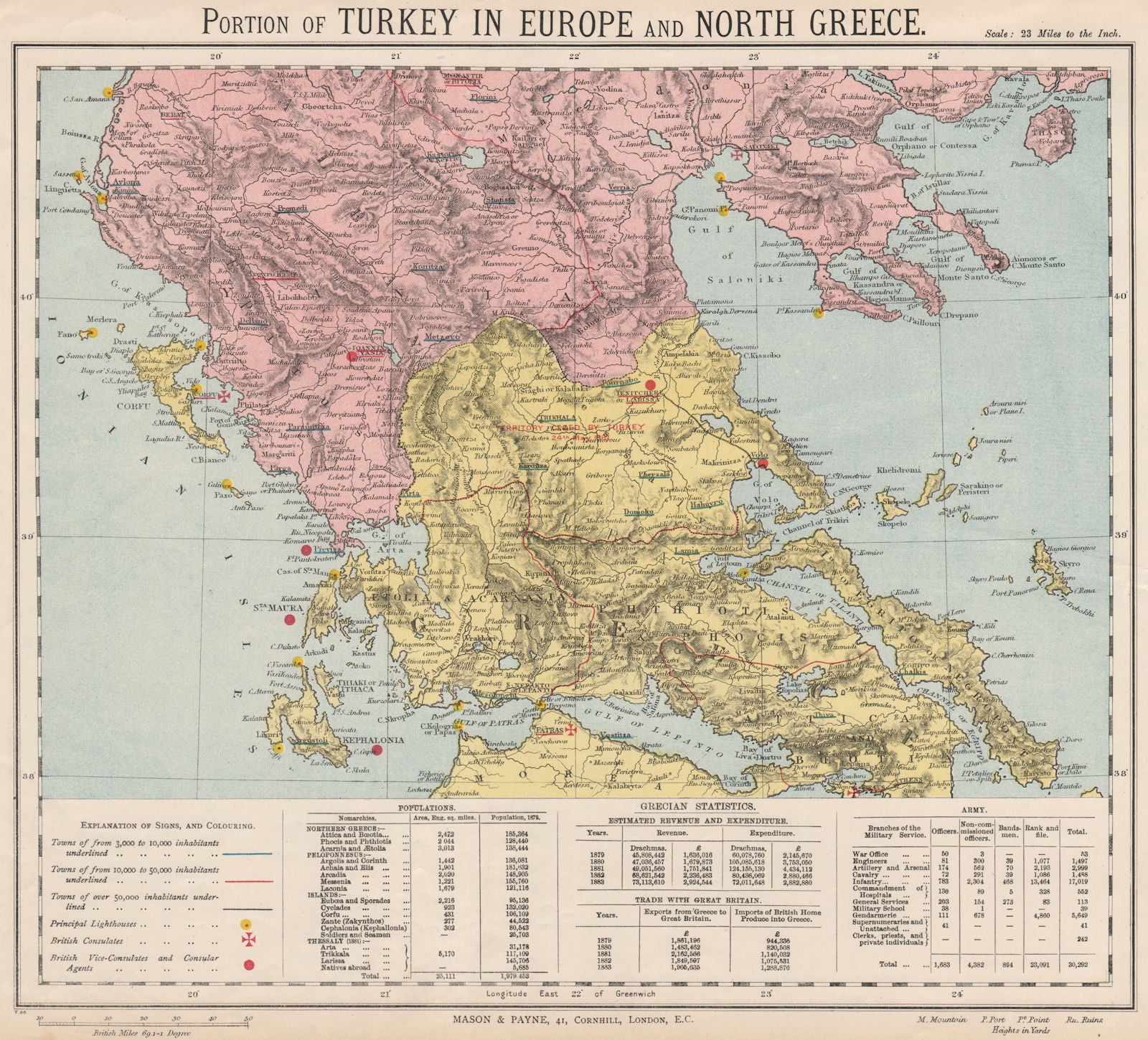 N GREECE. Territory ceded by Turkey 1881 (Yellow). Lighthouses. LETTS 1889 map